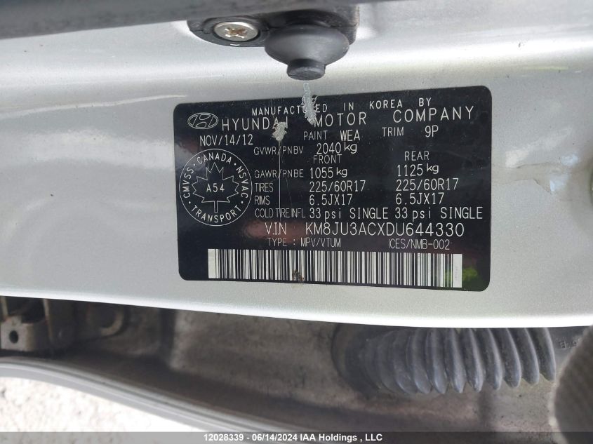 2013 Hyundai Tucson Gls VIN: KM8JU3ACXDU644330 Lot: 12028339