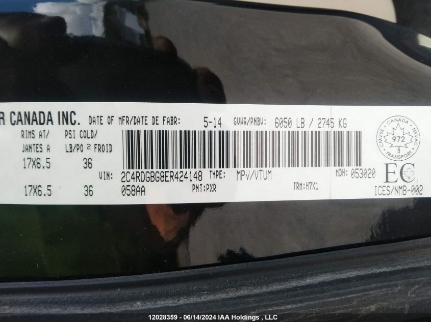 2014 Dodge Grand Caravan Se/Sxt VIN: 2C4RDGBG8ER424148 Lot: 12028359