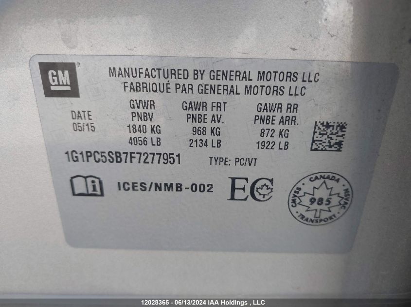 2015 Chevrolet Cruze VIN: 1G1PC5SB7F7277951 Lot: 12028365