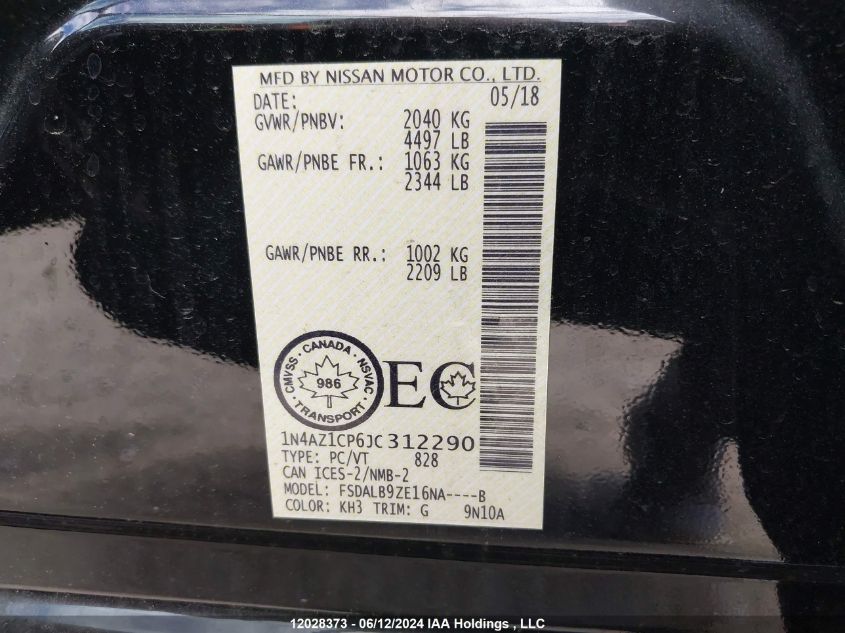 2018 Nissan Leaf VIN: 1N4AZ1CP6JC312290 Lot: 12028373