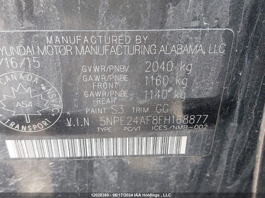 2015 Hyundai Sonata Gls VIN: 5NPE24AF8FH168877 Lot: 12028380