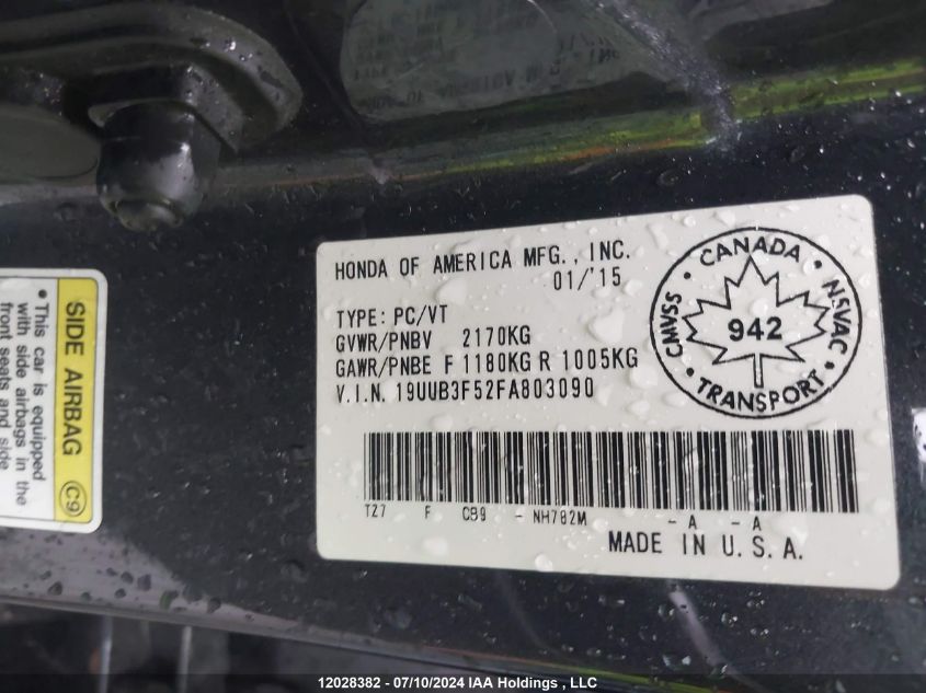 2015 Acura Tlx VIN: 19UUB3F52FA803090 Lot: 12028382