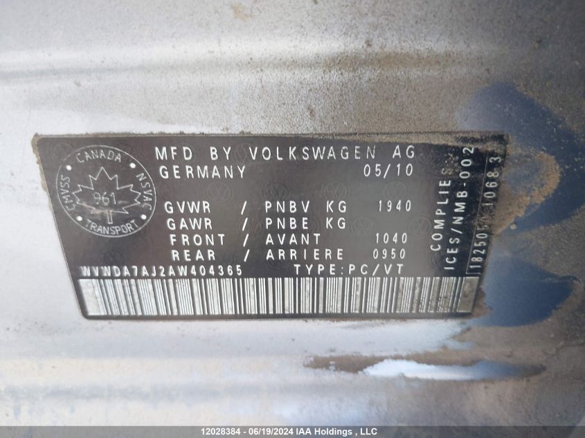 2010 Volkswagen Golf VIN: WVWDA7AJ2AW404365 Lot: 12028384