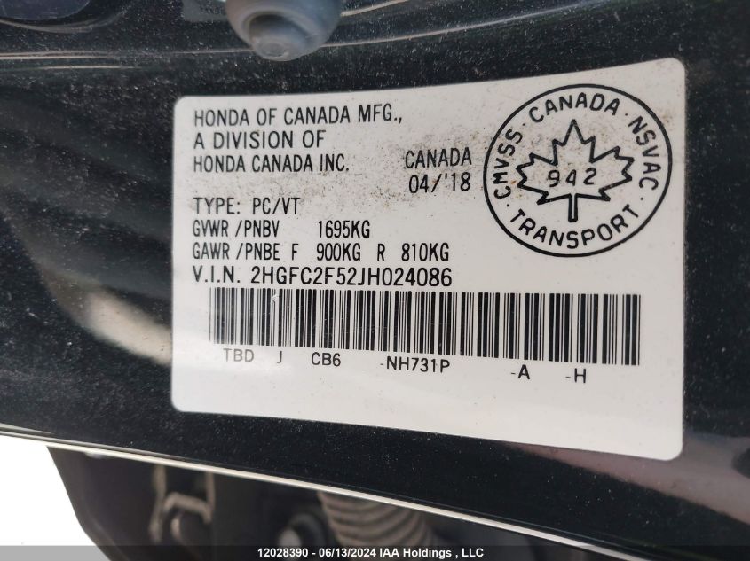 2018 Honda Civic Sedan VIN: 2HGFC2F52JH024086 Lot: 12028390