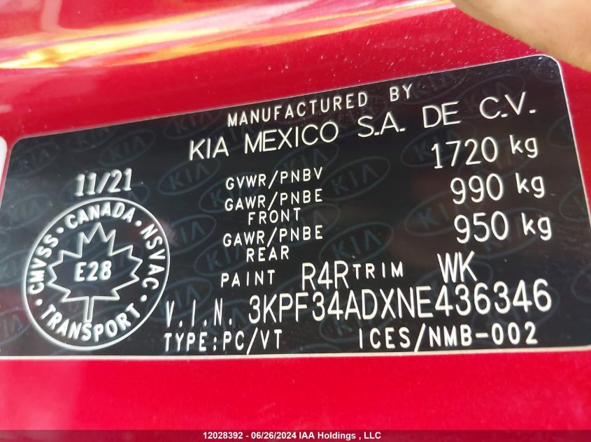 2022 Kia Forte VIN: 3KPF34ADXNE436346 Lot: 12028392