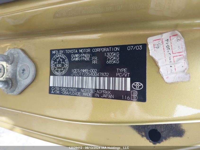 2004 Toyota Echo VIN: JTDJT123540047832 Lot: 12028412