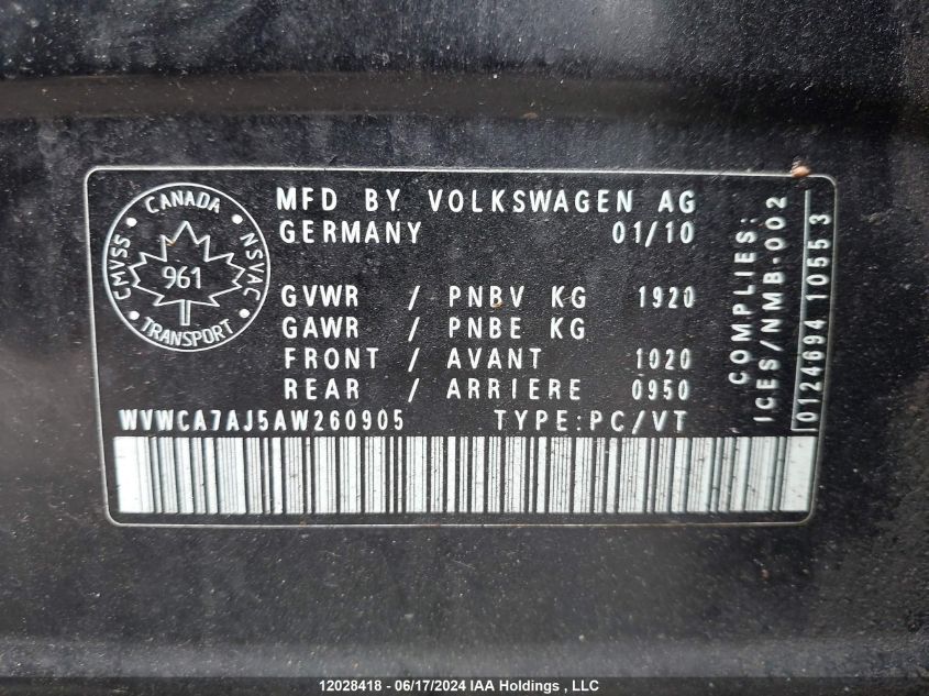 2010 Volkswagen Golf VIN: WVWCA7AJ5AW260905 Lot: 12028418