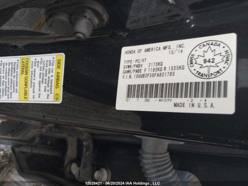 2015 Acura Tlx VIN: 19UUB3F56FA801780 Lot: 12028421