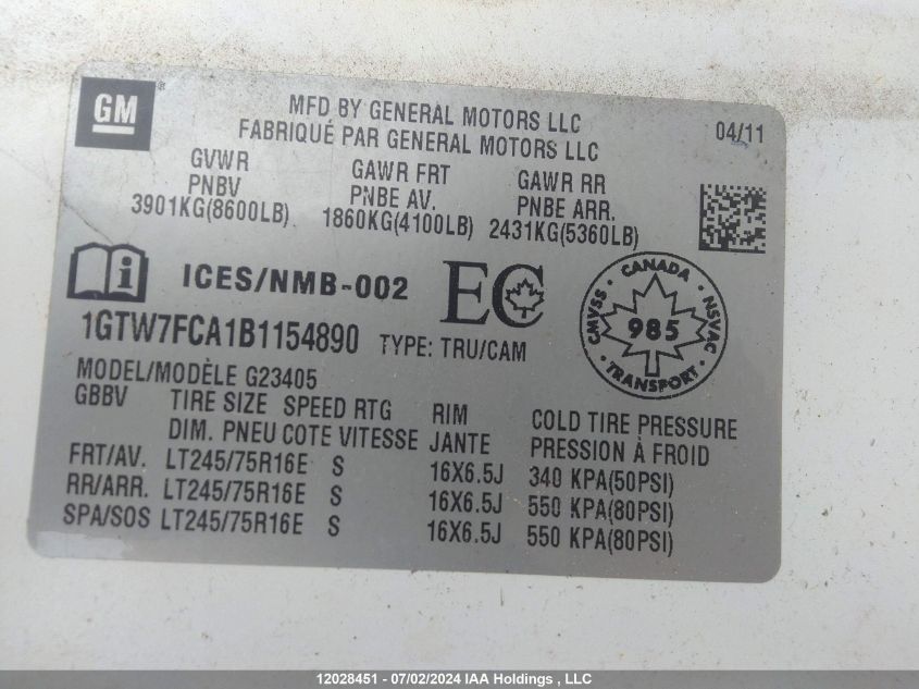 2011 GMC Savana VIN: 1GTW7FCA1B1154890 Lot: 12028451