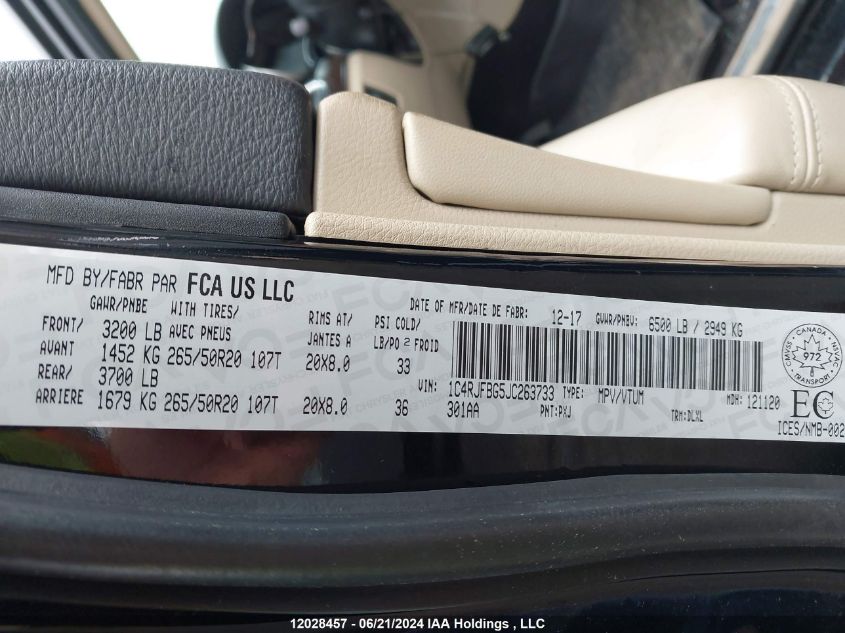 2018 Jeep Grand Cherokee VIN: 1C4RJFBG5JC263733 Lot: 12028457