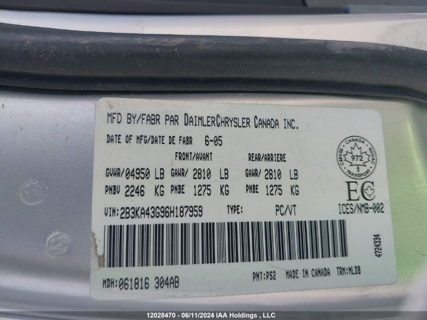 2006 Dodge Charger VIN: 2B3KA43G96H187959 Lot: 12028470