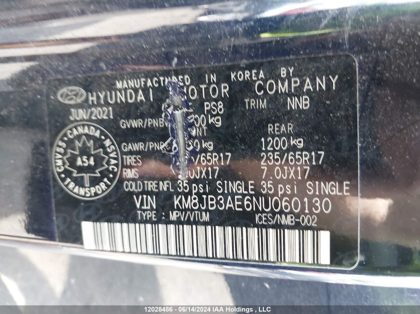 2022 Hyundai Tucson Sel VIN: KM8JB3AE6NU060130 Lot: 12028486
