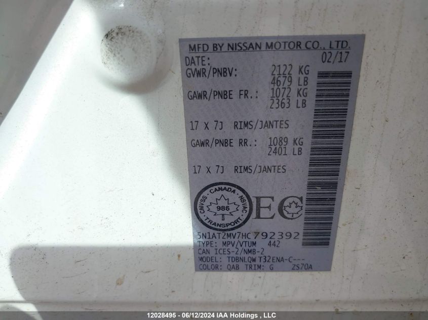 2017 Nissan Rogue VIN: 5N1AT2MV7HC792392 Lot: 12028495