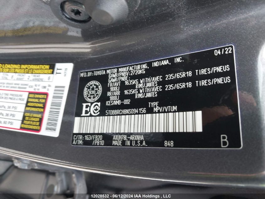 2022 Toyota Highlander Hybrid Le VIN: 5TDBBRCH8NS094156 Lot: 12028532