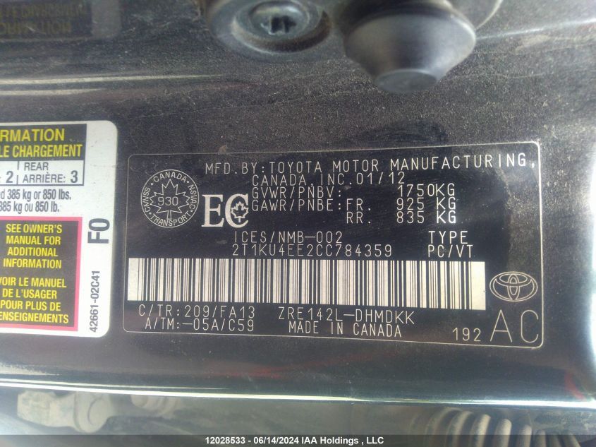 2012 Toyota Matrix VIN: 2T1KU4EE2CC784359 Lot: 12028533