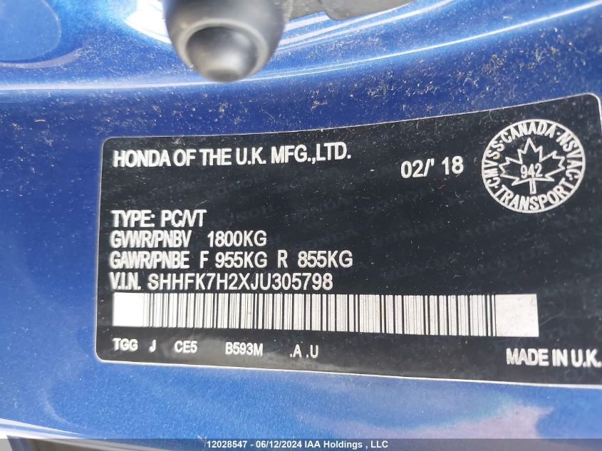 2018 Honda Civic Lx VIN: SHHFK7H2XJU305798 Lot: 12028547