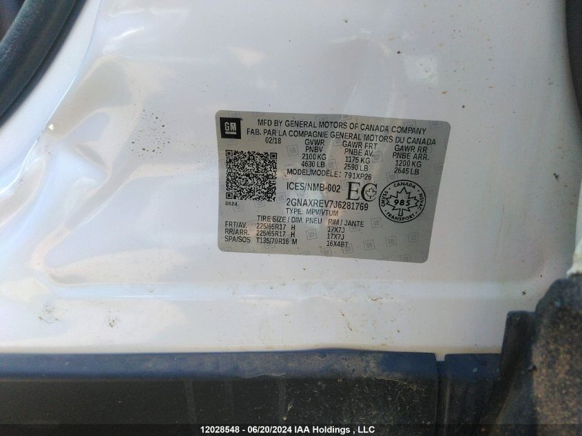2018 Chevrolet Equinox VIN: 2GNAXREV7J6281769 Lot: 12028548