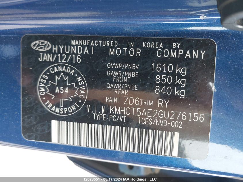 2016 Hyundai Accent VIN: KMHCT5AE2GU276156 Lot: 12028551