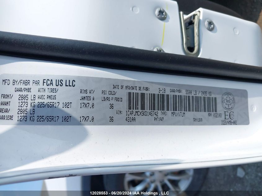 2019 Jeep Cherokee North VIN: 1C4PJMCX5KD146742 Lot: 12028553