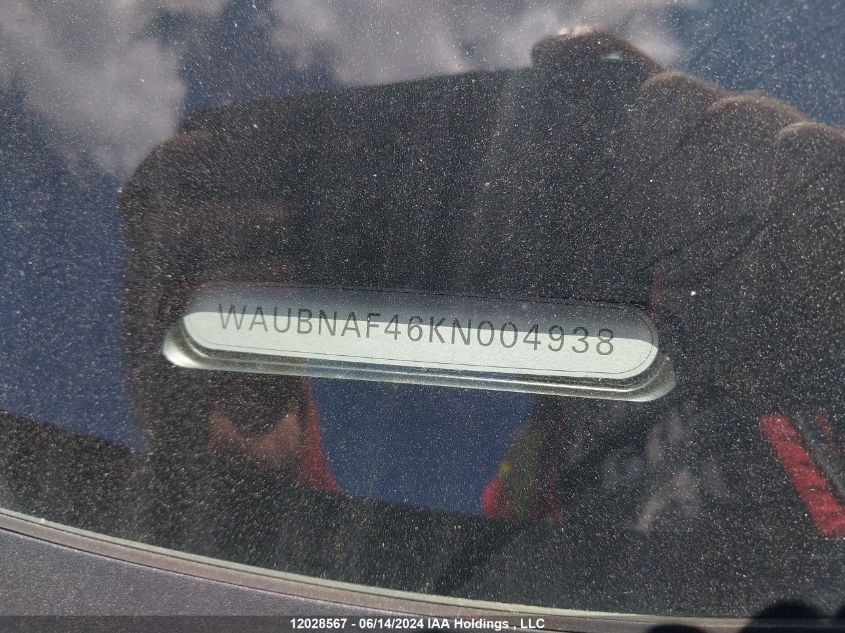 2019 Audi A4 VIN: WAUBNAF46KN004938 Lot: 12028567