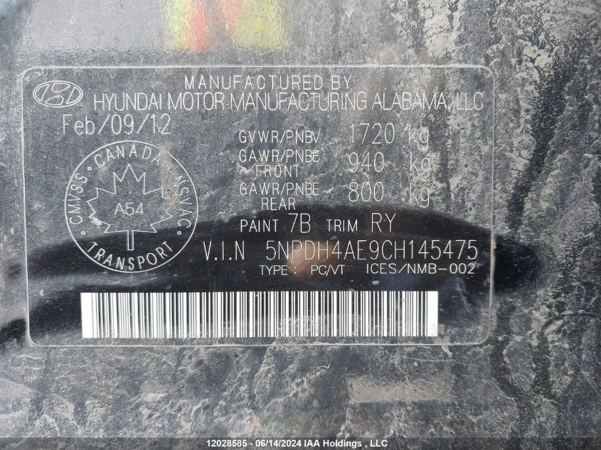 2012 Hyundai Elantra Gls/Limited VIN: 5NPDH4AE9CH145475 Lot: 12028585