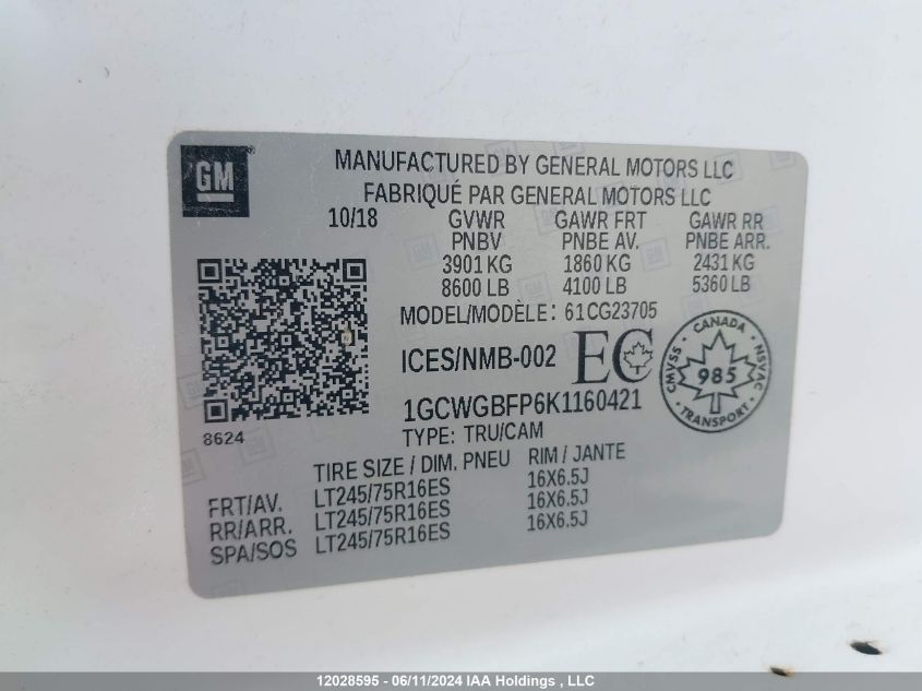 2019 Chevrolet Express Cargo Van VIN: 1GCWGBFP6K1160421 Lot: 12028595