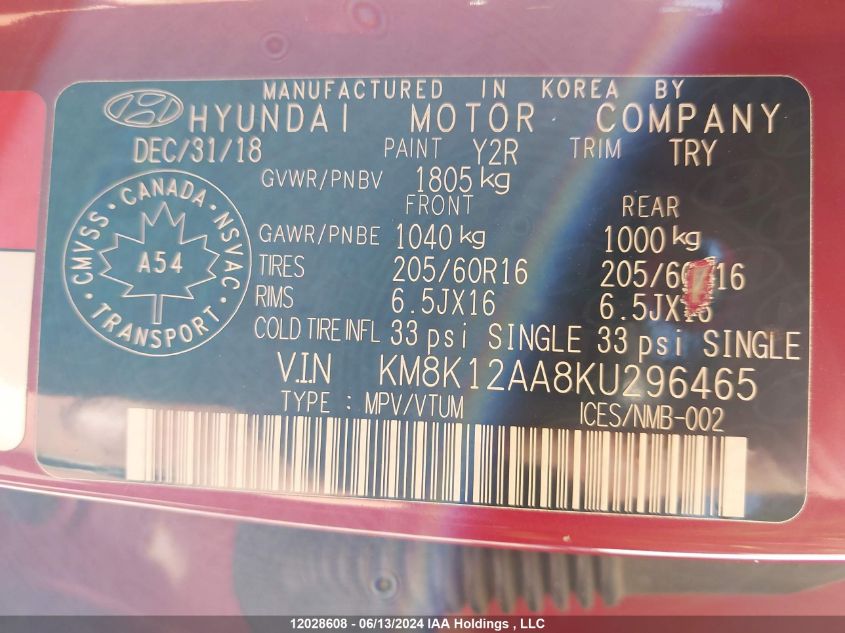 2019 Hyundai Kona Se VIN: KM8K12AA8KU296465 Lot: 12028608