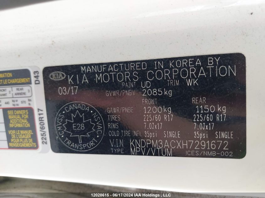 2017 Kia Sportage VIN: KNDPM3ACXH7291672 Lot: 12028615