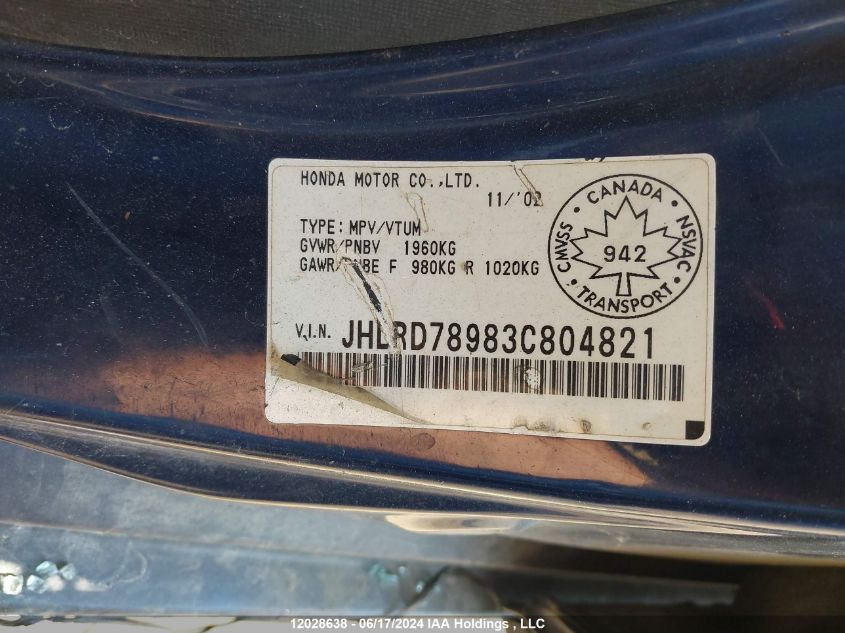 2003 Honda Cr-V VIN: JHLRD78983C804821 Lot: 12028638