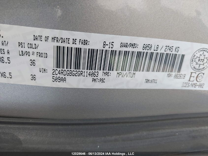 2016 Dodge Grand Caravan Se/Sxt VIN: 2C4RDGBG2GR114063 Lot: 12028646