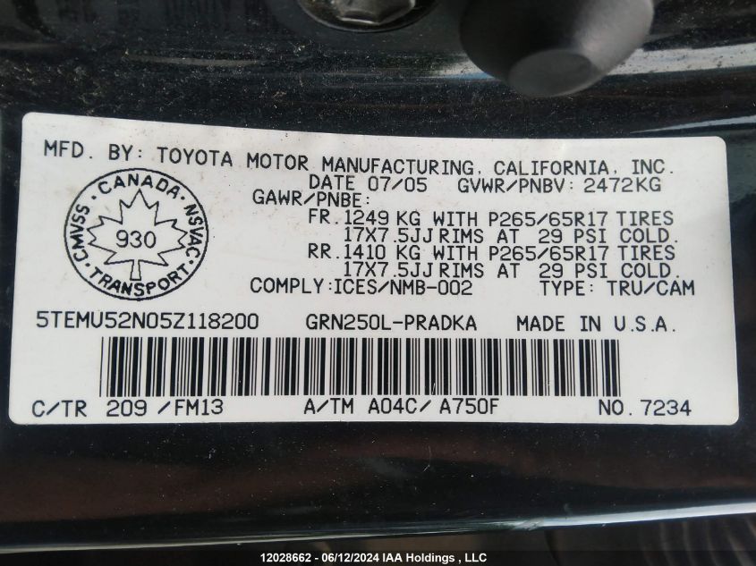 2005 Toyota Tacoma Double Cab Long Bed VIN: 5TEMU52N05Z118200 Lot: 12028662