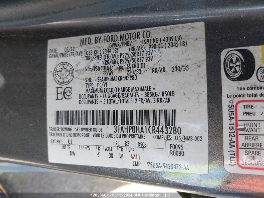 2012 Ford Fusion Se VIN: 3FAHP0HA1CR443280 Lot: 12028667