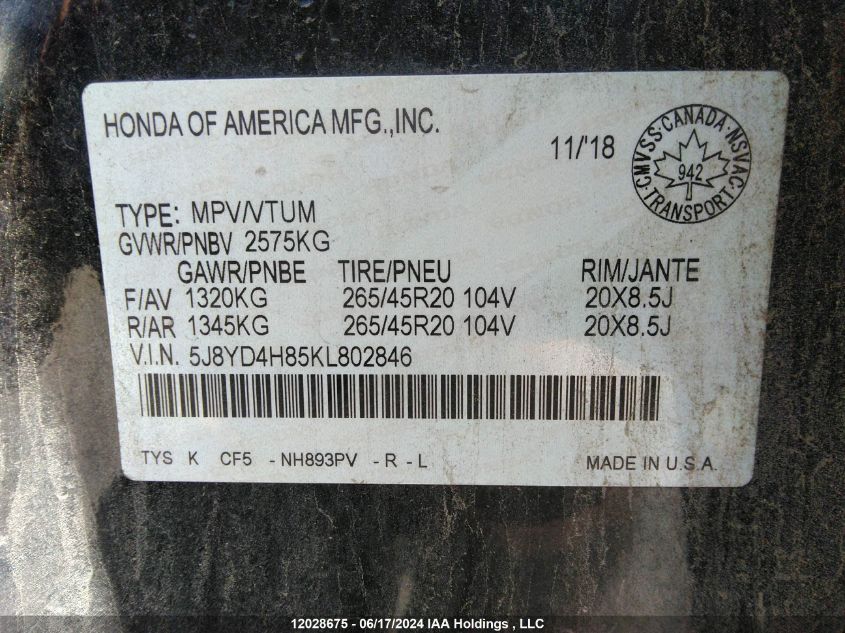 2019 Acura Mdx VIN: 5J8YD4H85KL802846 Lot: 12028675