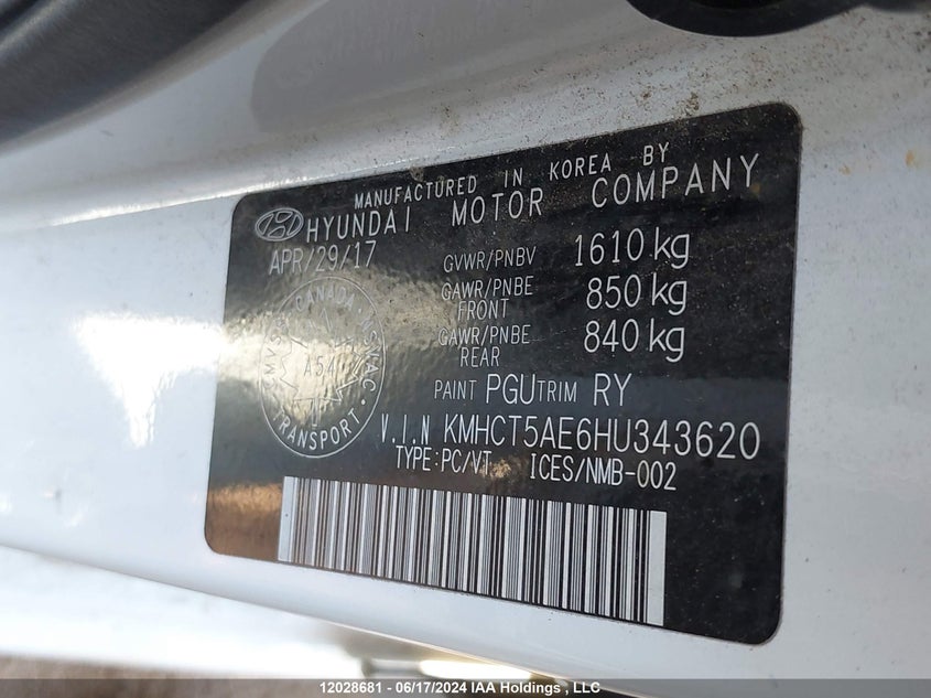 2017 Hyundai Accent Se VIN: KMHCT5AE6HU343620 Lot: 12028681