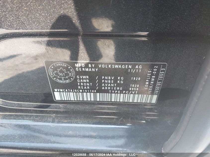 2012 Volkswagen Golf VIN: WVWCA7AJ6CW191144 Lot: 12028688