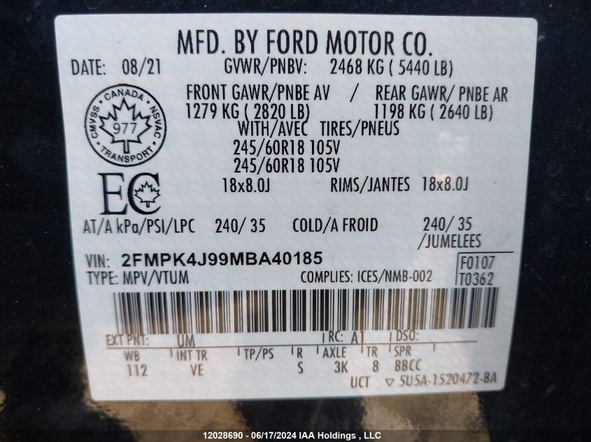 2021 Ford Edge Sel VIN: 2FMPK4J99MBA40185 Lot: 12028690