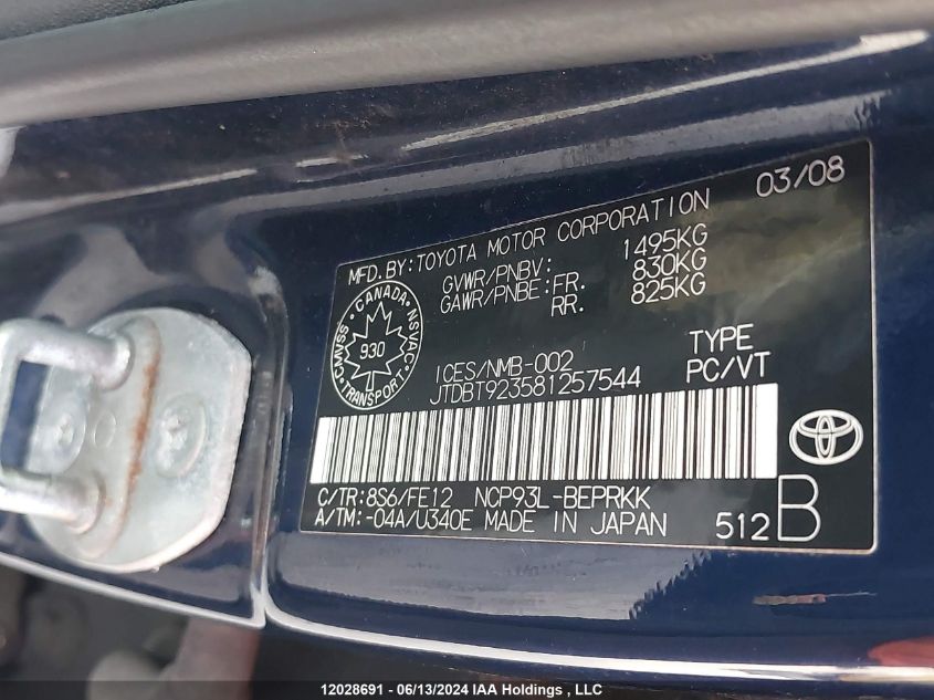 2008 Toyota Yaris VIN: JTDBT923581257544 Lot: 12028691