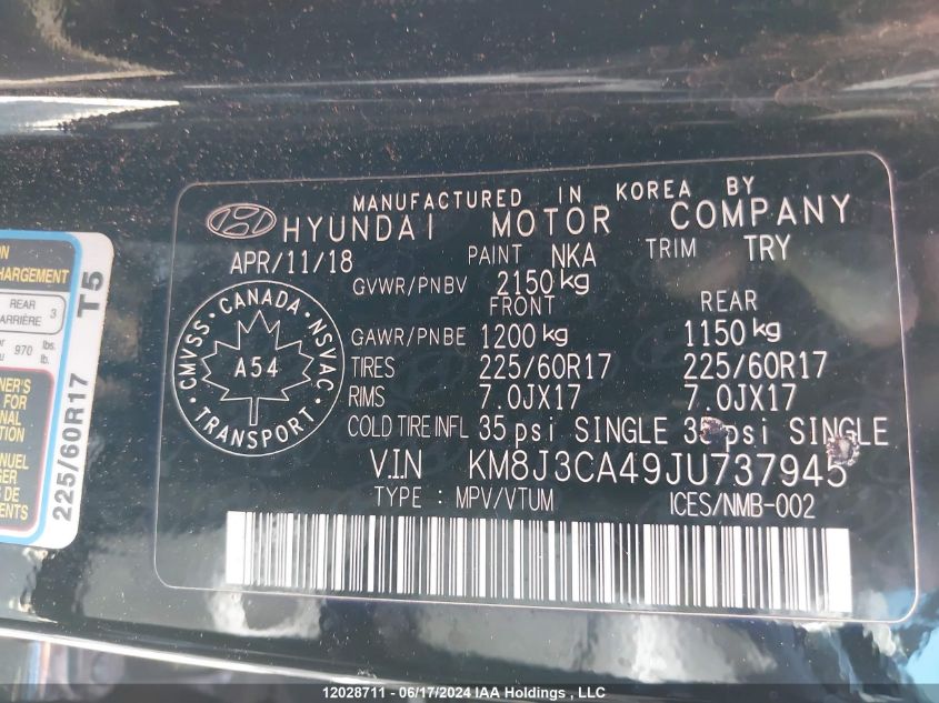 2018 Hyundai Tucson Limited/Sport And Eco/Se VIN: KM8J3CA49JU737945 Lot: 12028711