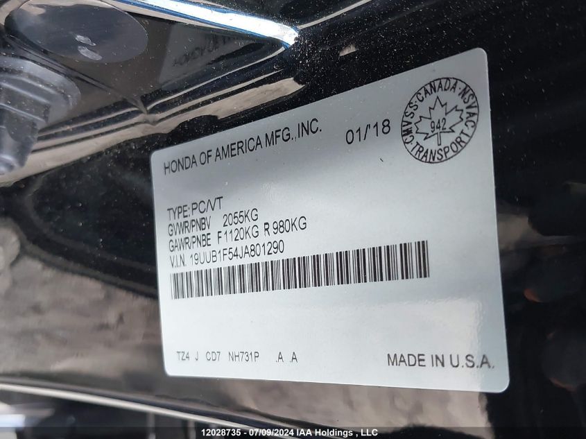 2018 Acura Tlx VIN: 19UUB1F54JA801290 Lot: 12028735