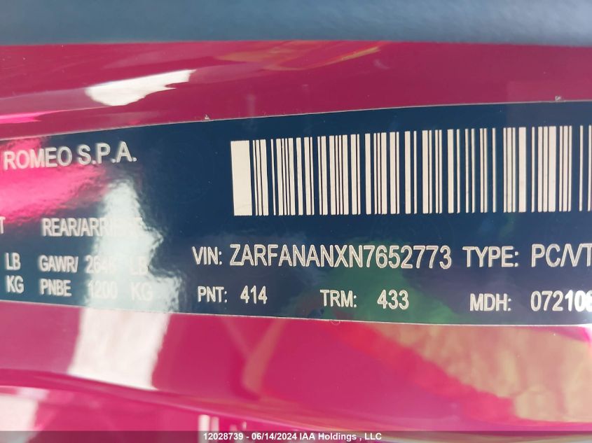 2022 Alfa Romeo Giulia Sprint Awd VIN: ZARFANANXN7652773 Lot: 12028739