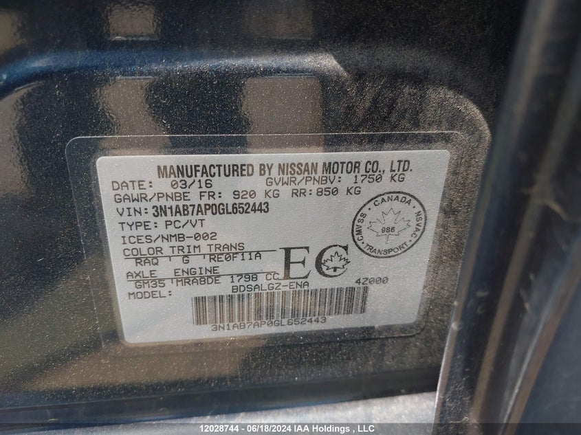 2016 Nissan Sentra VIN: 3N1AB7AP0GL652443 Lot: 12028744