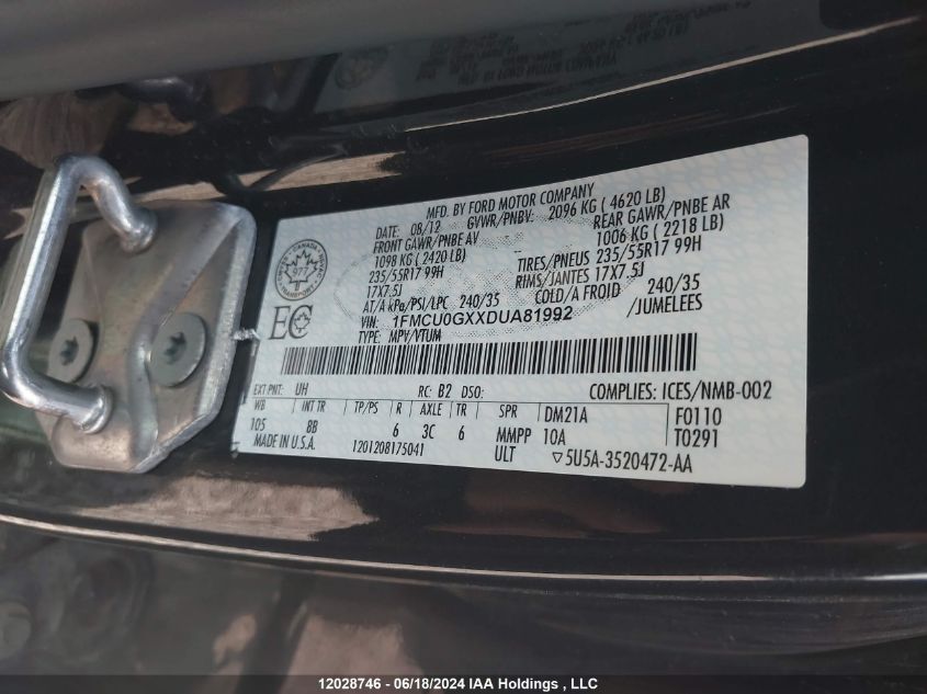 2013 Ford Escape Se VIN: 1FMCU0GXXDUA81992 Lot: 12028746