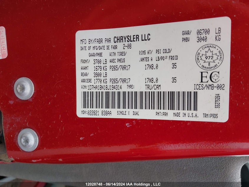 2008 Dodge Ram 1500 St/Slt VIN: 1D7HA18N18J194314 Lot: 12028748