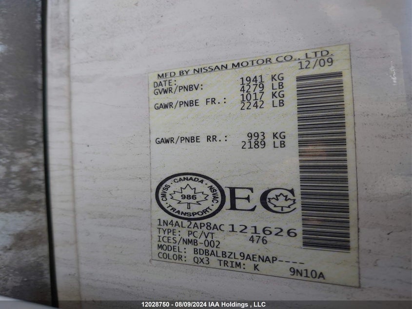 2010 Nissan Altima 2.5 VIN: 1N4AL2AP8AC121626 Lot: 12028750