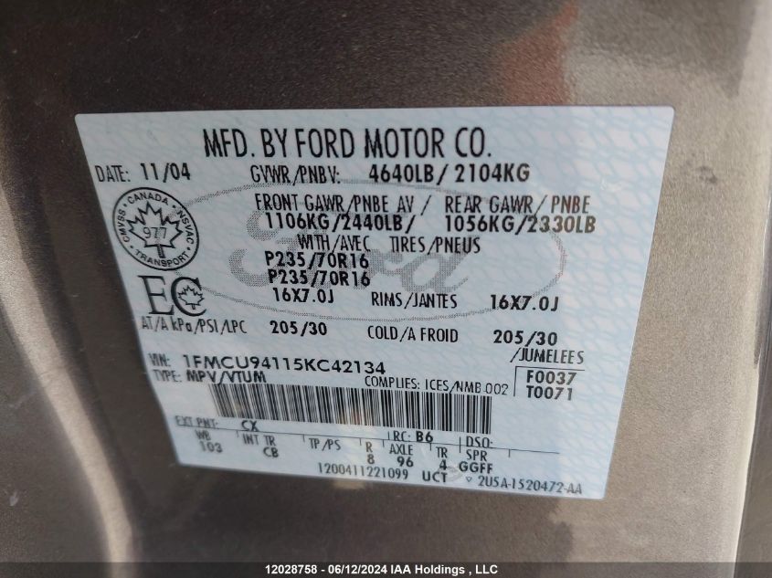 2005 Ford Escape Limited VIN: 1FMCU94115KC42134 Lot: 12028758