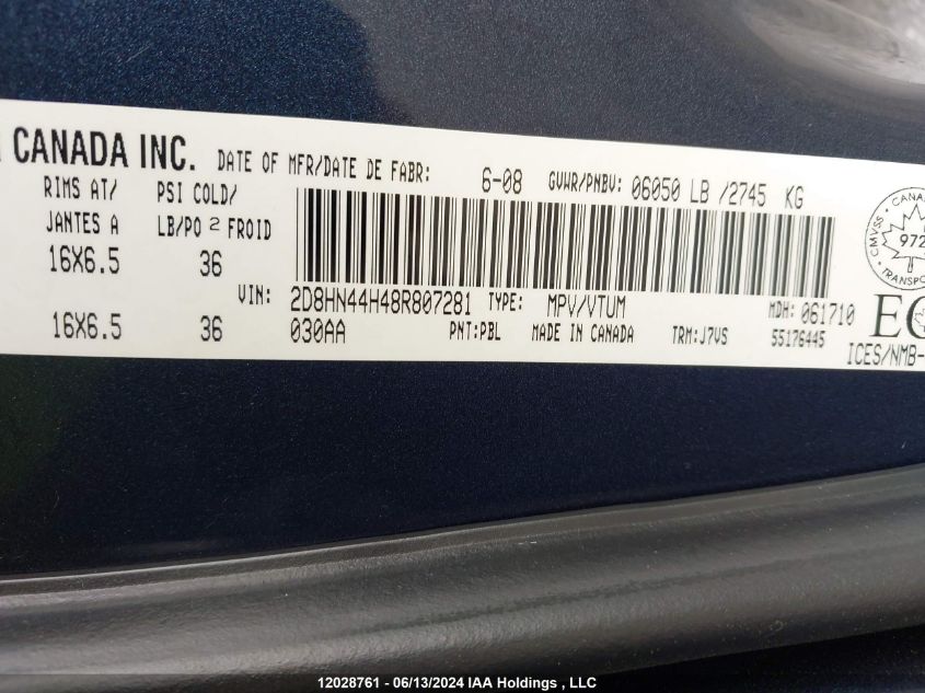 2008 Dodge Grand Caravan Se VIN: 2D8HN44H48R807281 Lot: 12028761