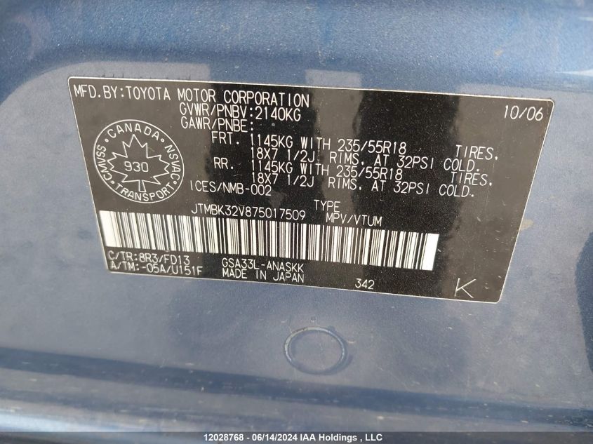 2007 Toyota Rav4 Sport V6 VIN: JTMBK32V875017509 Lot: 12028768