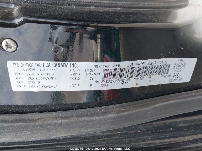 2020 Dodge Grand Caravan Sxt VIN: 2C4RDGCG3LR180789 Lot: 12028785
