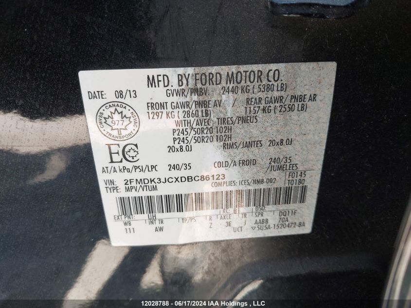 2013 Ford Edge Sel VIN: 2FMDK3JCXDBC86123 Lot: 12028788