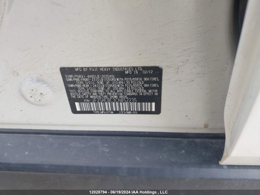 2012 Subaru Forester VIN: JF2SHCBC3CH452235 Lot: 12028794